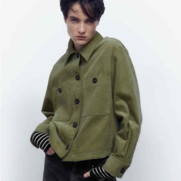 Zara Corduroy Jacket Womens XS Green Button Long Sleeve Cotton Front Pockets - Picture 1 of 11